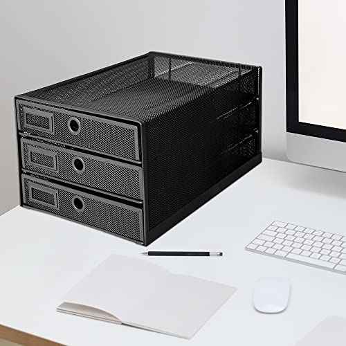 Annova Desk Organizer Wire Mesh 3 Tier Sliding Drawers Paper Sorter/Multifunctional/Premium Solid Construction for Letters, Documents, Mail, Files, Paper, Kids' Art Supplies (Black)