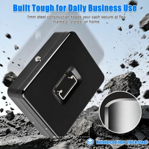 KYODOLED Black Metal Cash Box with Key Lock & Money Tray - 1mm Steel