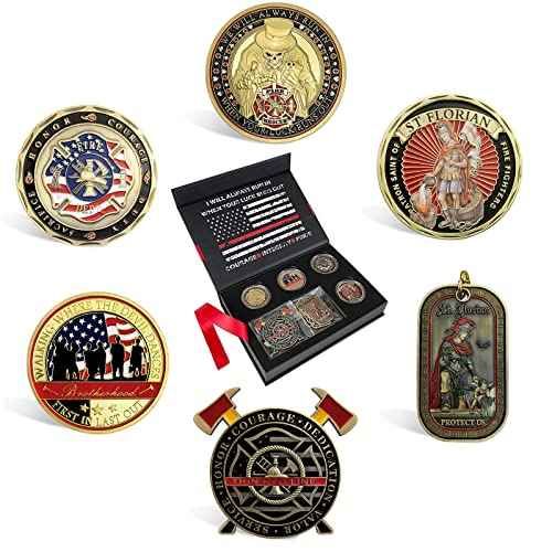 Firefighter Challenge Coin- Fireman Coin Gift Box with 6 Fire Department Prayer Badge, Firefighter Gifts for Men/Women/Son/Dad