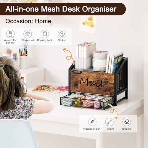 Mail Organizer - 4 Slots Wooden Desk Organizer with Mesh Drawer, Countertop Mail Receipt Business Card Holder, Vertical File Sorter Letter Tray, Black/Antique