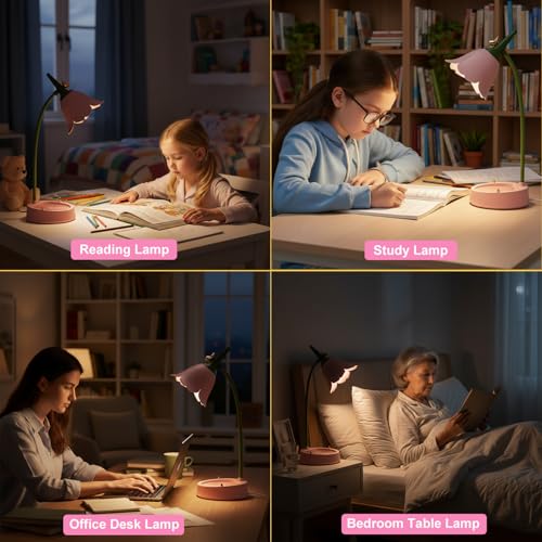 Pink Cordless LED Desk Lamp with Adjustable Gooseneck & Touch Dimming for Kids & Dorm