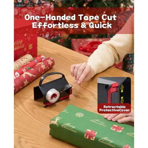 2 Pack Wrapping Paper Cutter & Tape Dispenser Dual Use, Gift Wrap Cutter Tool for Rolls Paper with 4 Tapes & 2 Replace Blades Kit for Christmas Birthday, Easy Cut for Present Wrapping