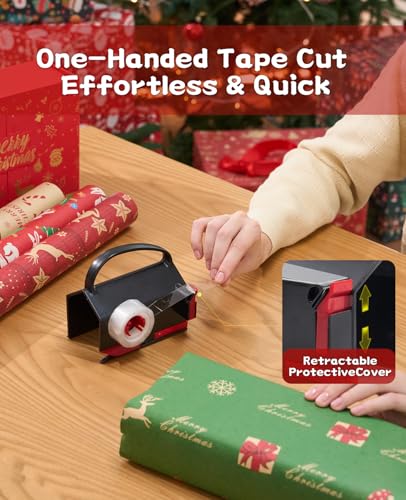 Dual Use Wrapping Paper Cutter & Tape Dispenser Kit - Safe, Easy Gift Wrap Tool with Blades & Tapes