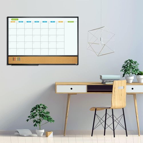 JILoffice Magnetic Calendar Whiteboard & Corkboard Combo - 36x24 Inch Wall-Mounted Board in Black Aluminum Frame