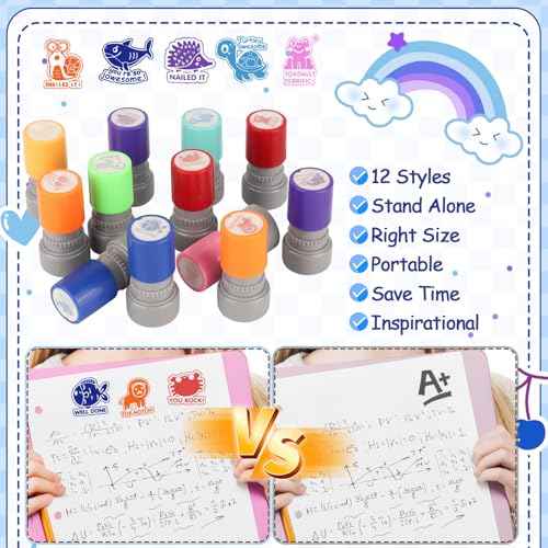 LOTMER 12 Pcs Teacher Stamps for Classroom, Self-Inking Rubber Colorful Stamps Classroom Rubber Stamp for Grading Homework Test Motivation Students Supplies