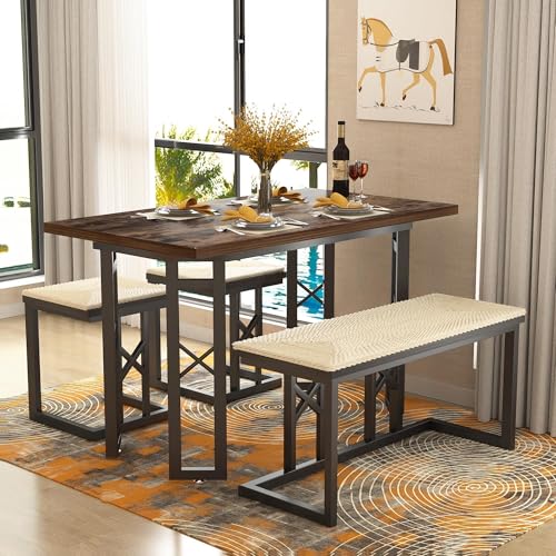 VECELO 43.3" Dining Table Sets, Farmhouse Kitchen Table for 4 with 3 Seats & Wicker Seat Cushions,Metal Frame Space-Saving Adjustable Feets Coffee Table for Home Kitchen Dining, Dark Brown