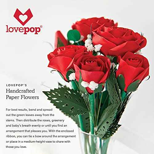 Lovepop Valentine¡¯s Day Set of 1 Pop-Up Card & 6 Paper Handcrafted Roses for Her - 3D Greeting Cards for Boys, Girls, Men, Women - 5" x 7" Card & 12" Rose - Blank Notecard & Envelope Included