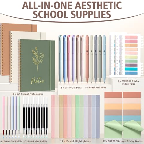 58PCS Aesthetic School Supplies, Cute College Ruled A4 Spiral Notebook Stationary Set Back to School Supplies Bible Study Kit Office College Essentials with Pastel Highlighters for Women Student Girls