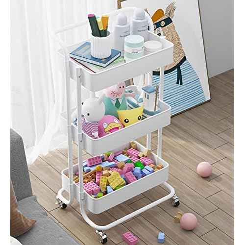 Sooyee 3 Tier Utility Cart,Rolling Cart with Handle and Lockable Wheels, Multi-Functional Storage Cart for Office, School,Living Room, Kitchen, Bathroom, Bedroom,Laundry, White
