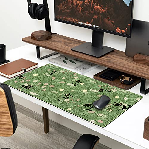 B-cat in the Meadow Green XXL Desk Mat for Keyboard & Mouse - Cute Flower & Plant Design