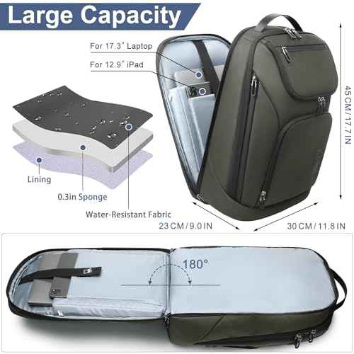 hk Business Smart Backpack for Men Anti-Theft for 17.3 Inch Laptop with USB Charging Port Water-Resistant Large Durable Compact 30L for Travel College Work-Green