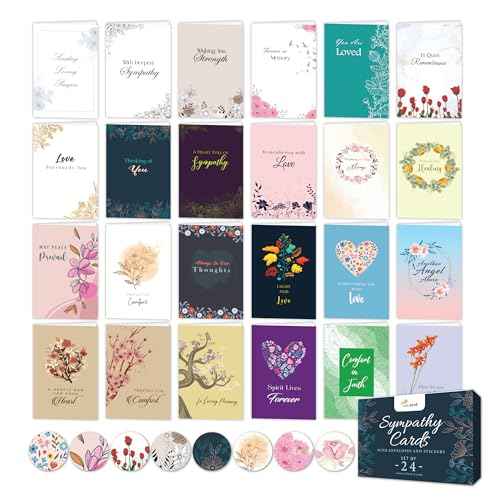 24 Pack Unique Sympathy Cards with Envelopes - 4 x 6 in, Bulk Box Set of Bereavement and Condolence Card Assortment with Short Sympathy Messages for Comfort