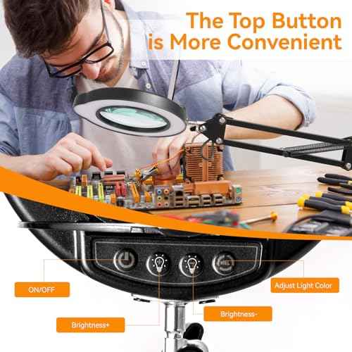 12XMagnifying Glass with Light and Stand|Magnifying Lamp with 3-Section Swing Arm,5 Color Modes LED Lighted Magnifier Lamp for Workbench (Black(Ultra Long))