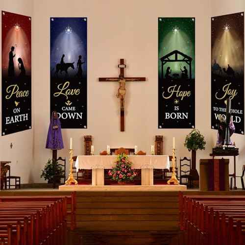4Pcs Welcome Religious Christmas Banners for Church Sanctuary Wall - Hanging Backdrop Nativity Scene Banner Scripture - Holiday Porch Signs for School Nativity Decor