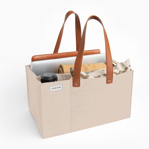 Chaise Home Organizer Caddy - File Folder Tote with Handle - Portable Office Bag - Teacher, School & Work Supplies - Arts & Crafts Storage (Beige)