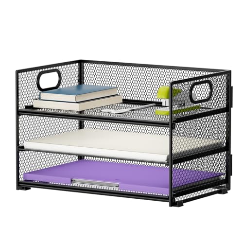 Marbrasse Black 3-Tier Mesh Paper Organizer Letter Tray with Handle, Desk File Storage