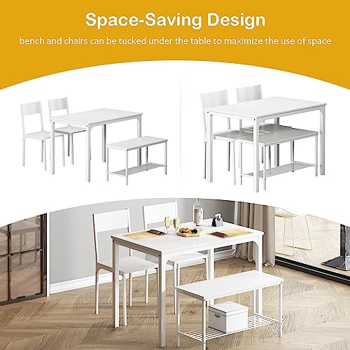 SogesHome 3-Piece Dining Table Set with 2 Chairs & Bench, White