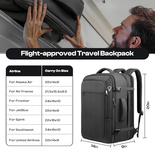 Carry on Backpack, 50L Expanable Travel backpack,TSA Airplane Approved, Daypack Weekender Bag Fits 17 Inch Laptop, Travel Gifts for Men, Black