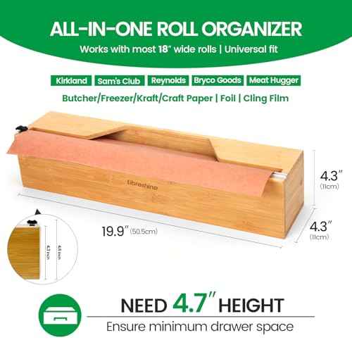18 Inch Butcher Paper Dispenser with Cutter | Heavy-Duty Holder for Plastic Wrap, Foil, Freezer Paper & Kraft Rolls | Wall/Tabletop Bamboo Organizer | Kitchen, Crafting, Commercial Use
