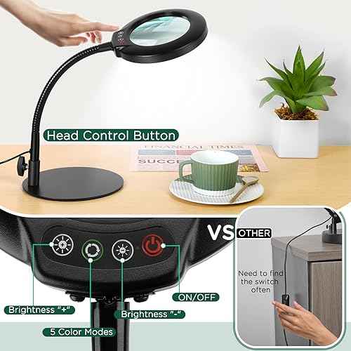 Drdefi 10X Magnifying Glass with Light and Stand, 5 Color Modes Stepless Dimmable Flexible Gooseneck Magnifying Desk Lamp, LED Lighted Magnifier Hands Free for Close Work Craft Reading Painting Hobby