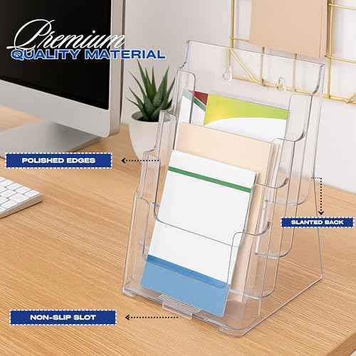 Acrylic 4-Tier Brochure Holder Pack of 2 with Free Business Card Holder 9" x 13" ? Wall Mount or Countertop Organizer for Magazines, Pamphlets, Flyers, and Menus holder with Divider for 4