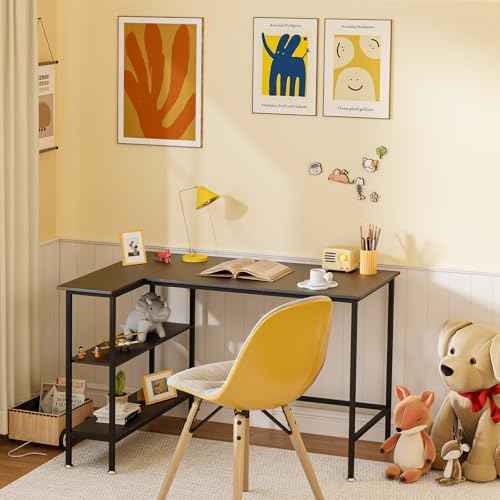 43" L Shaped Office Desk with Reversible Storage Shelves Can be Used as a Game Desk or Computer Desk Modern Design Corner Desk £¨Black£©