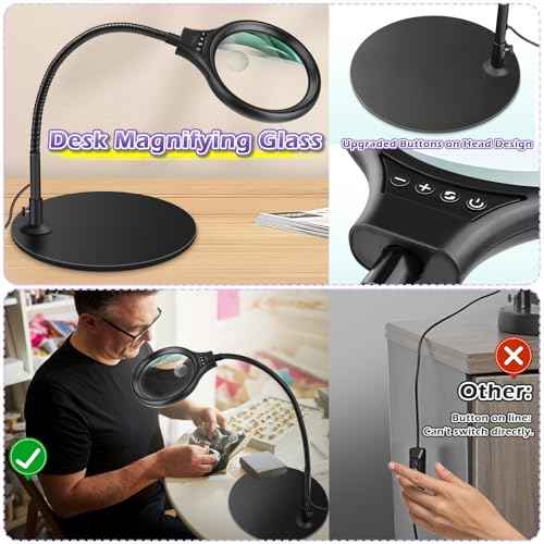 10X 20X Desk Magnifying Glass with Light and Stand, Large Magnifying Lamp with 3 Color Modes Lighted Magnifying Light for Crafts Hands Free, Upgrated Head Button Reading Magnifier for Books Sewing