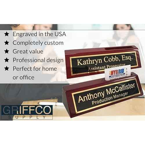 Name Plate for Desk Engraved in USA by Griffco Supply | Desk Name Plate Personalized Plaque with Business Card Holder