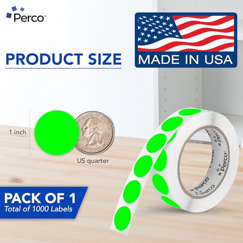 Perco Neon Green 1-Inch Circle Dot Sticker Roll - 1,000 Labels, Easy Tear, Strong Adhesive, USA Made