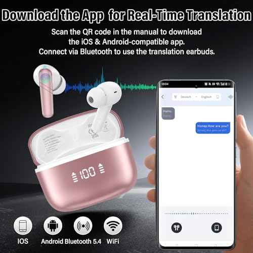 AI Translation Earbuds Real Time, 144 Language Translator Earbuds 3-in-1 Translation Headphones for iPhone and Android with 6 Translation Modes, Translating Device for Travel/Business/Learning, Rose
