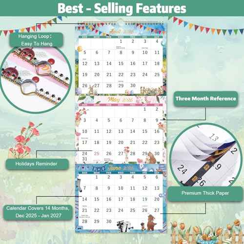 2026 Calendar - 2026 Wall Calendar, Jan. 2026 - Dec. 2026, 11.3" x 25.98", 3 Month Calendar 2026 Display (Folded in a Month), 3 Month Wall Calendar 2026 with Thick Paper, 12 Different Patterns