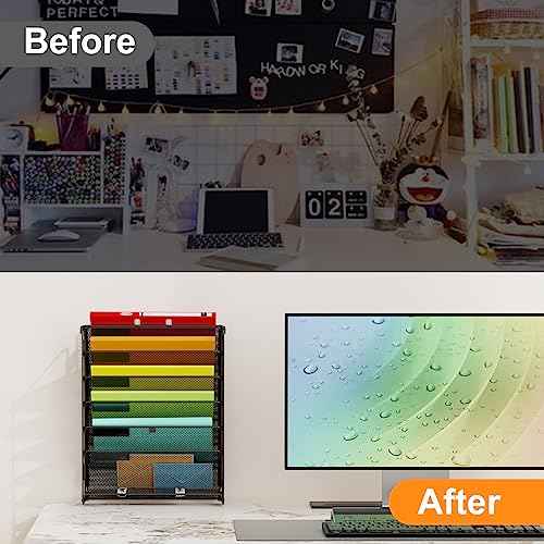 Kuntine.B 7-Tier Hanging File Organizer Vertical Wall File Organizer Wall File Holder, Mesh Magazine Rack Mail Document Organizer for Office School Home (Black, 2 Pack)
