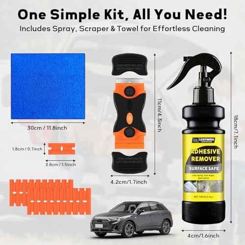 Adhesive Remover Spray with Scraper & Towel - Remove Stickers, Labels, Tape Residue from Car Paint, Glass, Tile - Safe Multi-Surface Formula - 100ml/3.4oz