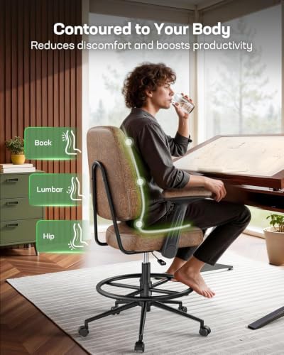 Marsail Oversized Ergonomic Drafting Chair for Standing Desk with 3.5" Cushion, Flip-Up Arms, Foot Ring, Leather-Linish Comfort Brown