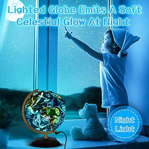 Illuminated World Globe for Kids & Adults All Ages with Wooden Stand 7 in 1- Night View Stars Map Constellation Globe with Detailed Colorful World,Built-in LED Bulb, Educational Gift