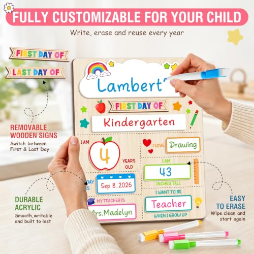 First Day of School Sign Board with 6 Markers - Reusable Wooden Chalkboard for Kids, Kindergarten & Preschool