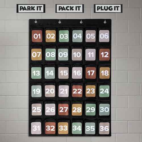 Premium Cell Phone Holder for Classroom - Durable Pocket Chart with 36 Numbered Slots & Hooks - The Perfect Hanging Chart for Phones, Calculators and Headphones Fits Nicely with Any School Decor