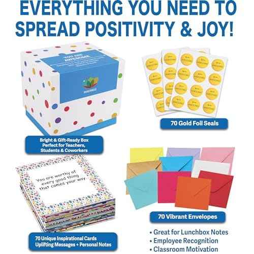 70 Inspirational Cards with Envelopes & Stickers ? 3.5x3.5 Positive Affirmation Notes in Gift Box ? Encouragement, Gratitude, Motivation.