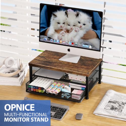 OPNICE Brown 14x9.1x5.6 Inch Monitor Stand Riser with Drawer, Desk Organizer