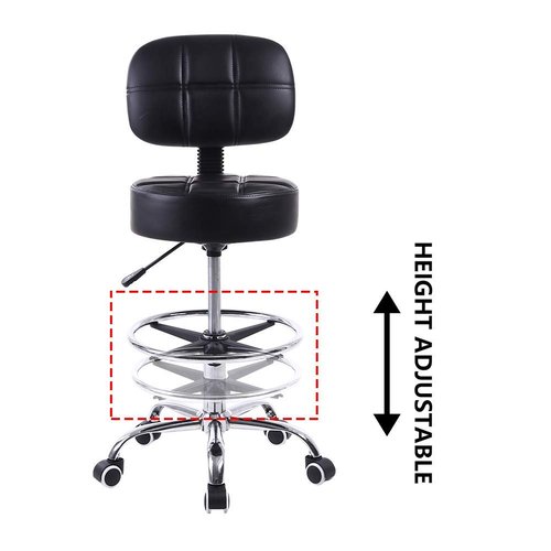 KKTONER Swivel Round Rolling Stool PU Leather with Adjustable Foot Rest Height Adjustable Task Work Drafting Chair with Back (Black)