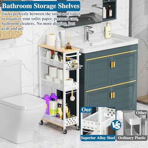Rolling Slim Storage Cart, 4-Tier Narrow Bathroom Laundry Room Organization Cart, Metal Kitchen Storage Mobile Shelf Unit Organizer with Wood Top, Slim Utility Cart with Wheels for Small Space