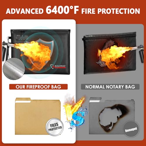 ROLOWAY Fireproof Document Bag (14.5 x 11.5 inch), 6400¢µ Fireproof Money Bag with Zipper for Cash, Fire Safe Money Pouch with Lock (Black)