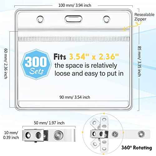 300 Sets Clip on Name Tag Clear Name Badge with Clip Waterproof PVC ID Badge Holder Transparent Name Tag Holder with Resealable Zipper Seal and Metal Badge for Teacher Worker