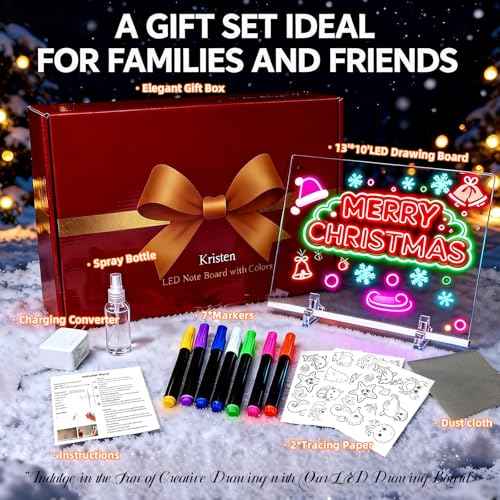 Kristen GlowBoard LED Drawing Board, Light Up Message Board with 7 Colors, 13.7"x10" Acrylic Dry Erase Art Board for Kids and Adults, Chirstmas Gift for Girls