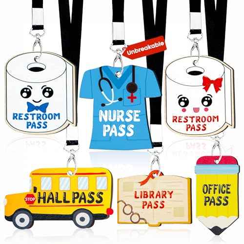 Classroom Hall Passes for Teacher, 6 Pcs Durable Bathroom Pass Lanyards for Students Management, School Supplies for Restroom Library Office and Nurse