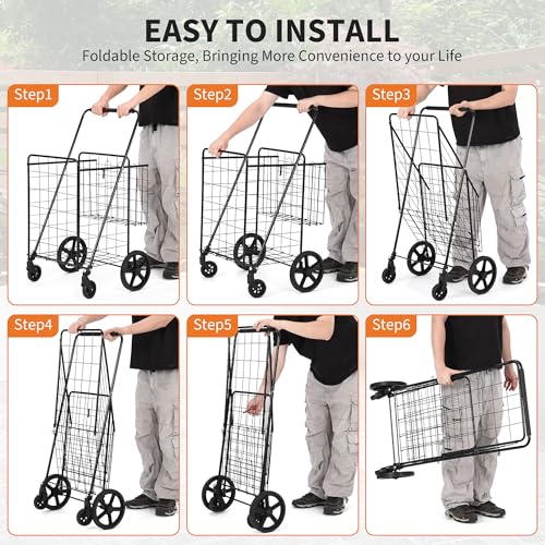 Large Folding Shopping Cart with Wheels, Rolling Foldable Grocery Cart with Double Basket, Portable Collapsible Utility Cart for Laundry, Luggage Camping, Locking Latch