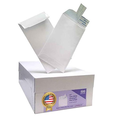 NextDay Labels #7 Coin Envelopes - 500-Pack White Peel & Seal Money Envelopes for Cash, Coins, Jewelry, or Small Parts - Durable White Paper Cash for Home, Office, or Business Use - Made in USA