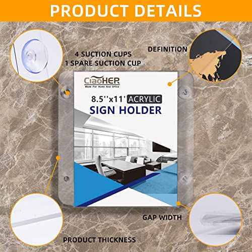 CiaoHER Acrylic Sign Holder 8.5 x 11, Clear Acrylic Frames Glass Window Wall Mount Advertising Signage Sign Holder with 4 Suction Cups for Mall, Office, Home, Restaurant, Vertical £¨6 Pack£©