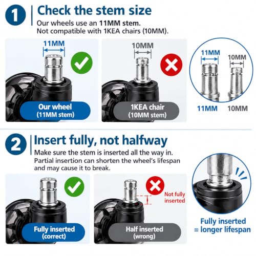 BILKOH 3-Inch Office Chair Wheels - Double Rollerblade, Ultra Quiet, Heavy-Duty (Set of 5) Black