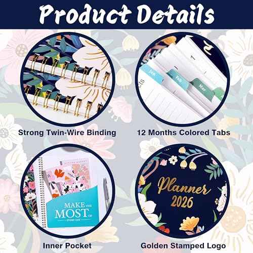 2026 Planner - 2026 Planner Weekly and Monthly from Jan. 2026 - Dec. 2026, Calendar 2026 Planners 8.5 x 11, 12 Monthly Calendar with Colorful Tabs, Inner Pocket and Floral Cover